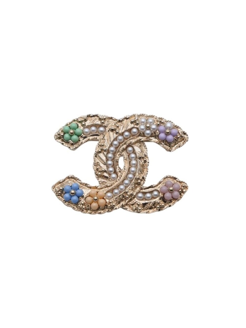 Chanel CC Logo Brooch Faux Pearl Flower Motif Metal Gold